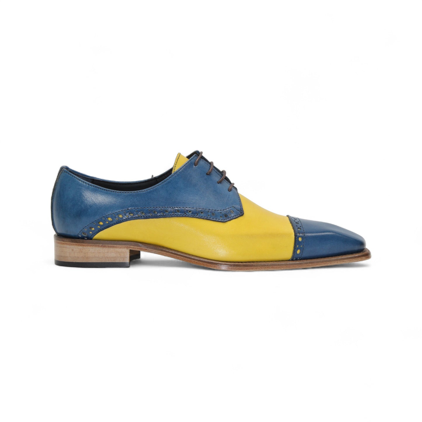 The Duca Di Matiste Duca Lombardi Ocean Blue/Yellow men's dress shoe features genuine leather, color block design in blue and yellow, laces, a wooden sole, and is shown from the side on a white background.