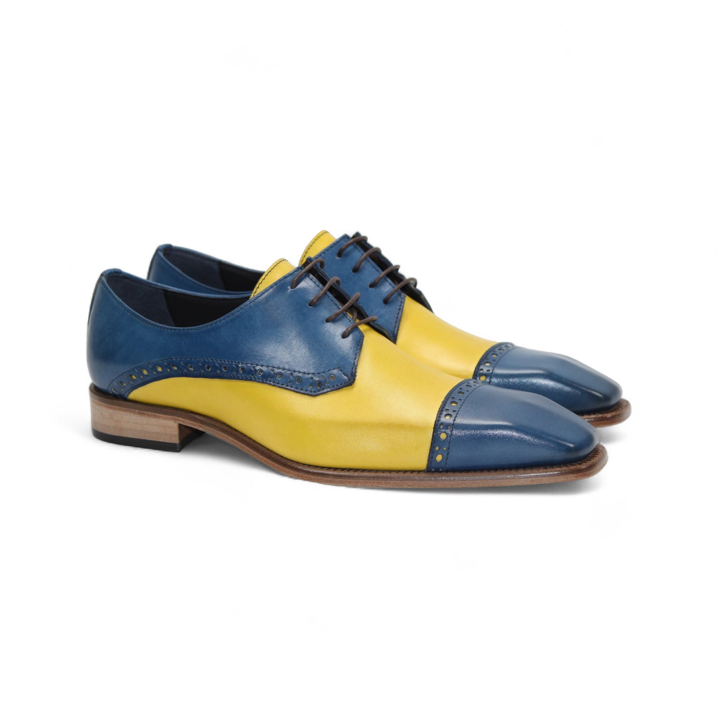 The Duca Di Matiste Duca Lombardi Ocean Blue/Yellow men's dress shoe features genuine leather, color block design in blue and yellow, laces, a wooden sole, and is shown from the side on a white background.