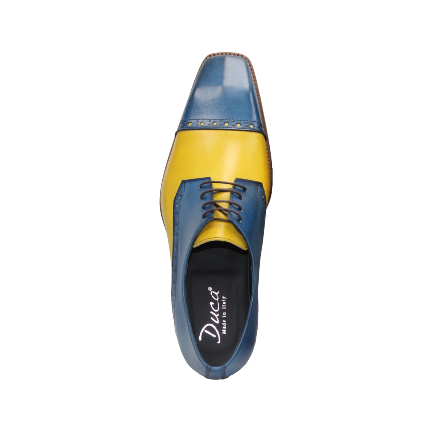 The Duca Di Matiste Duca Lombardi Ocean Blue/Yellow men's dress shoe features genuine leather, color block design in blue and yellow, laces, a wooden sole, and is shown from the side on a white background.