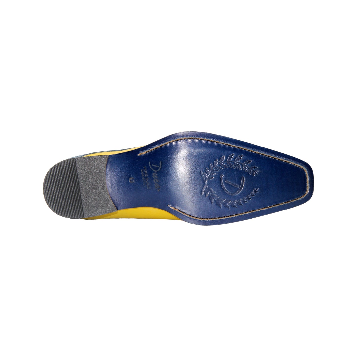 The Duca Di Matiste Duca Lombardi Ocean Blue/Yellow men's dress shoe features genuine leather, color block design in blue and yellow, laces, a wooden sole, and is shown from the side on a white background.
