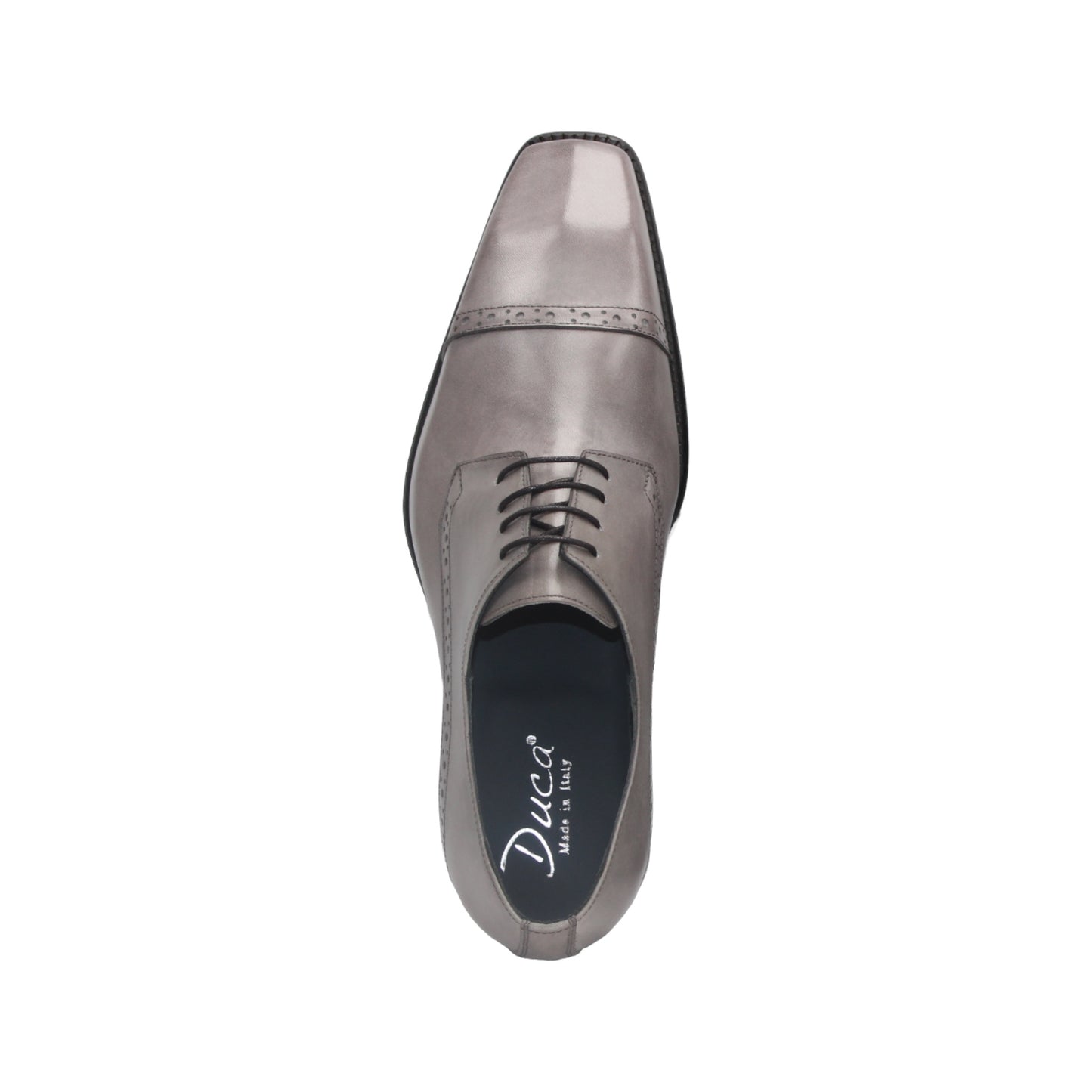 The Duca Lombardi Light Grey by Duca Di Matiste is an Italian-made genuine leather dress shoe with black laces, a low heel, and decorative perforations on the side and toe cap, shown against a white background.