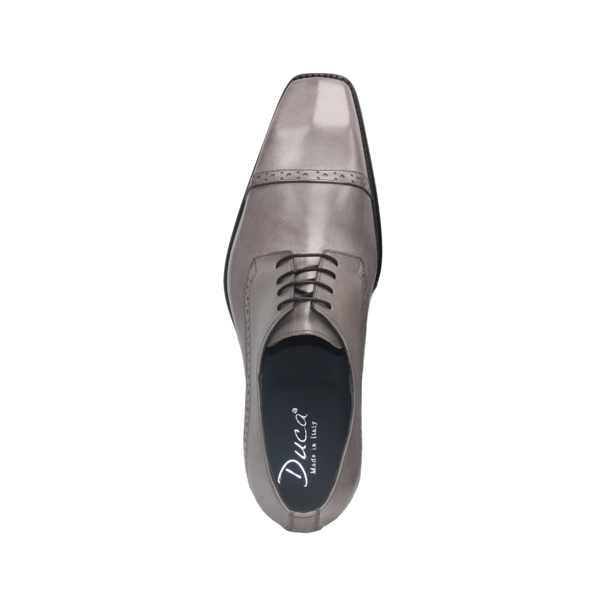 The Duca Lombardi Light Grey by Duca Di Matiste is an Italian-made genuine leather dress shoe with black laces, a low heel, and decorative perforations on the side and toe cap, shown against a white background.