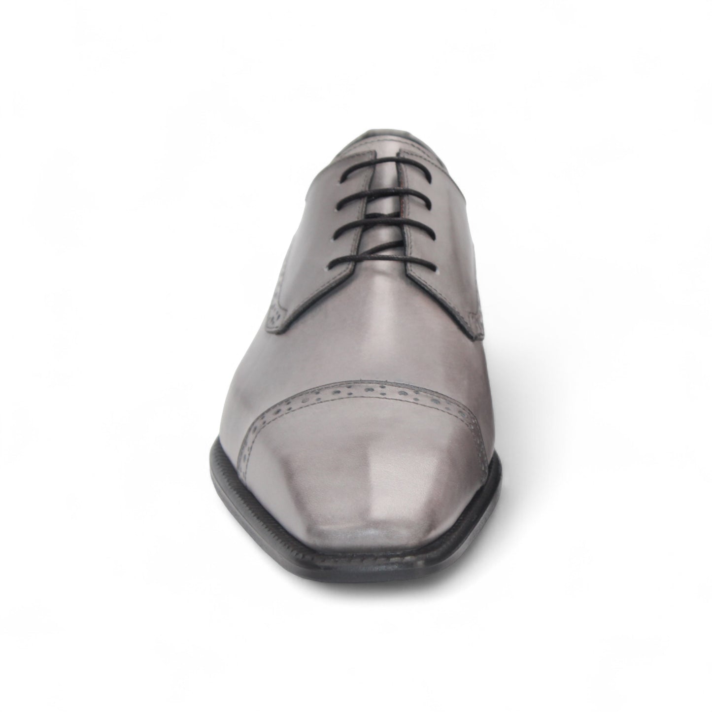 The Duca Lombardi Light Grey by Duca Di Matiste is an Italian-made genuine leather dress shoe with black laces, a low heel, and decorative perforations on the side and toe cap, shown against a white background.
