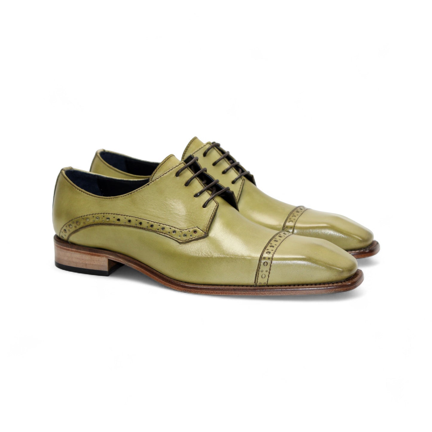 The Duca Lombardi Olive by Duca Di Matiste is a single olive green genuine leather dress shoe with black laces, a brown leather sole, and decorative stitching, shown in profile on a white background.