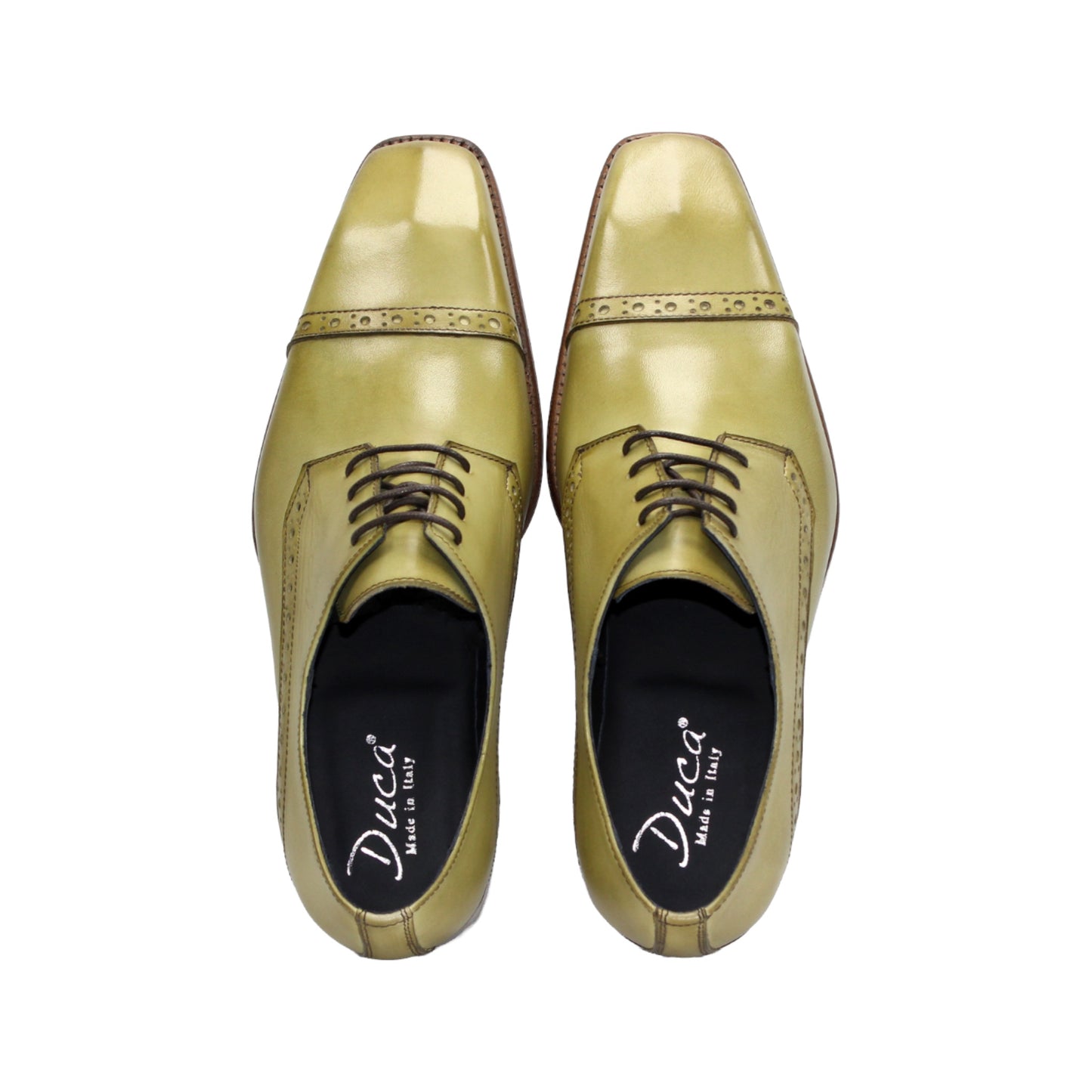 The Duca Lombardi Olive by Duca Di Matiste is a single olive green genuine leather dress shoe with black laces, a brown leather sole, and decorative stitching, shown in profile on a white background.