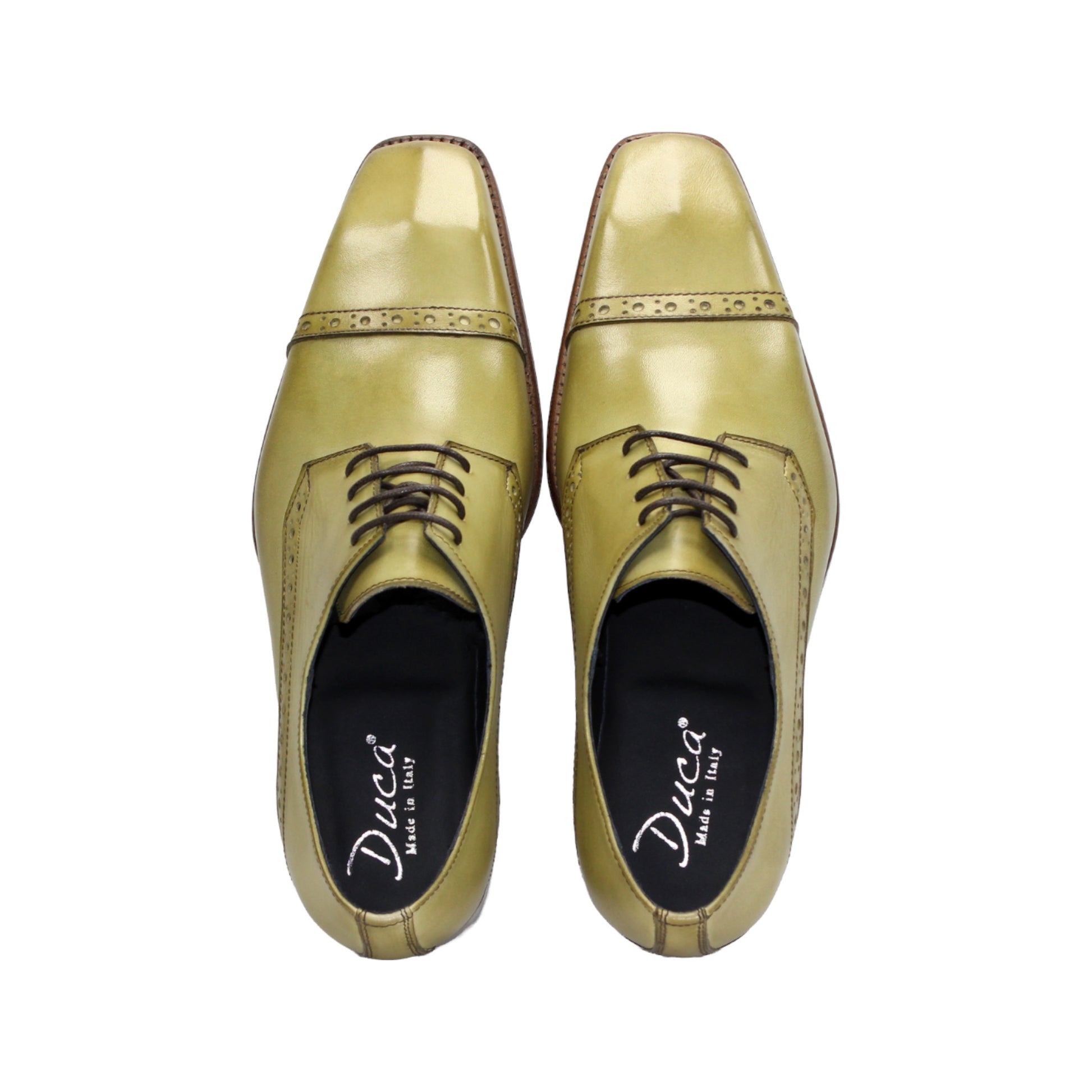The Duca Lombardi Olive by Duca Di Matiste is a single olive green genuine leather dress shoe with black laces, a brown leather sole, and decorative stitching, shown in profile on a white background.