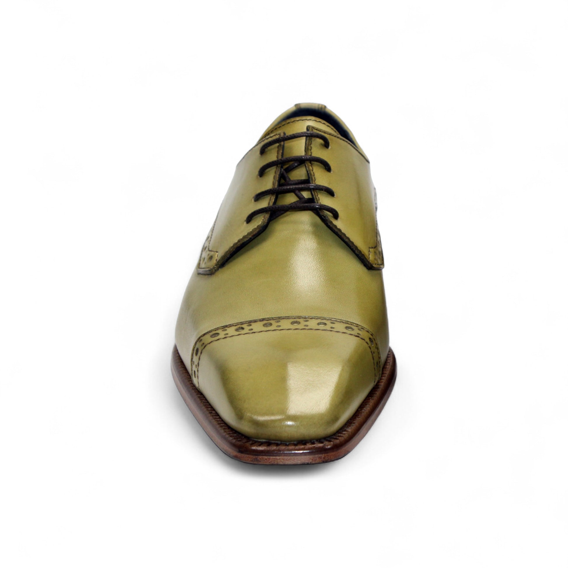 The Duca Lombardi Olive by Duca Di Matiste is a single olive green genuine leather dress shoe with black laces, a brown leather sole, and decorative stitching, shown in profile on a white background.