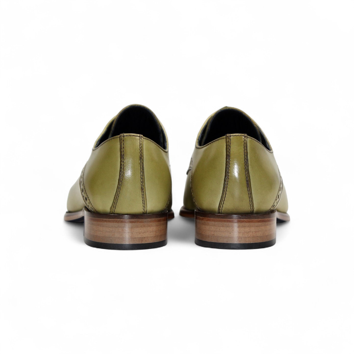 The Duca Lombardi Olive by Duca Di Matiste is a single olive green genuine leather dress shoe with black laces, a brown leather sole, and decorative stitching, shown in profile on a white background.