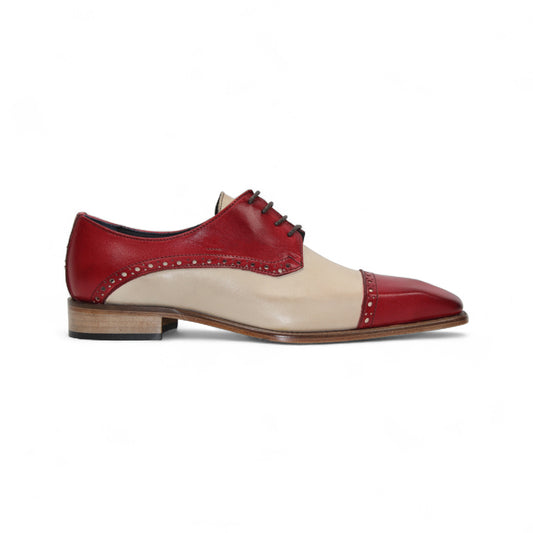 The Duca Lombardi Red/Beige by Duca Di Matiste is a genuine leather oxford with a low wooden heel, decorative perforations, leather sole, and classic lace-up design.