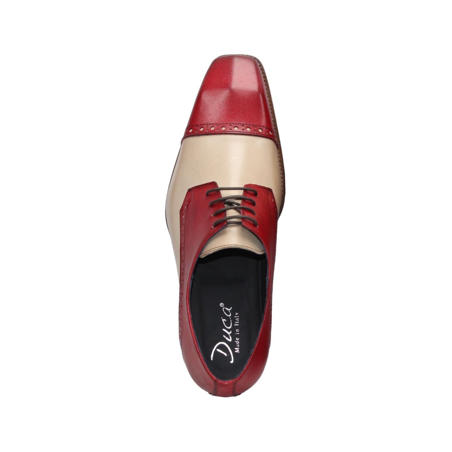 The Duca Di Matiste Lombardi (Red/Beige) is a two-tone oxford by Duca Di Matiste, crafted in Italy from fine leather with a beige body and red accents, brogue detailing, and a low wooden heel.