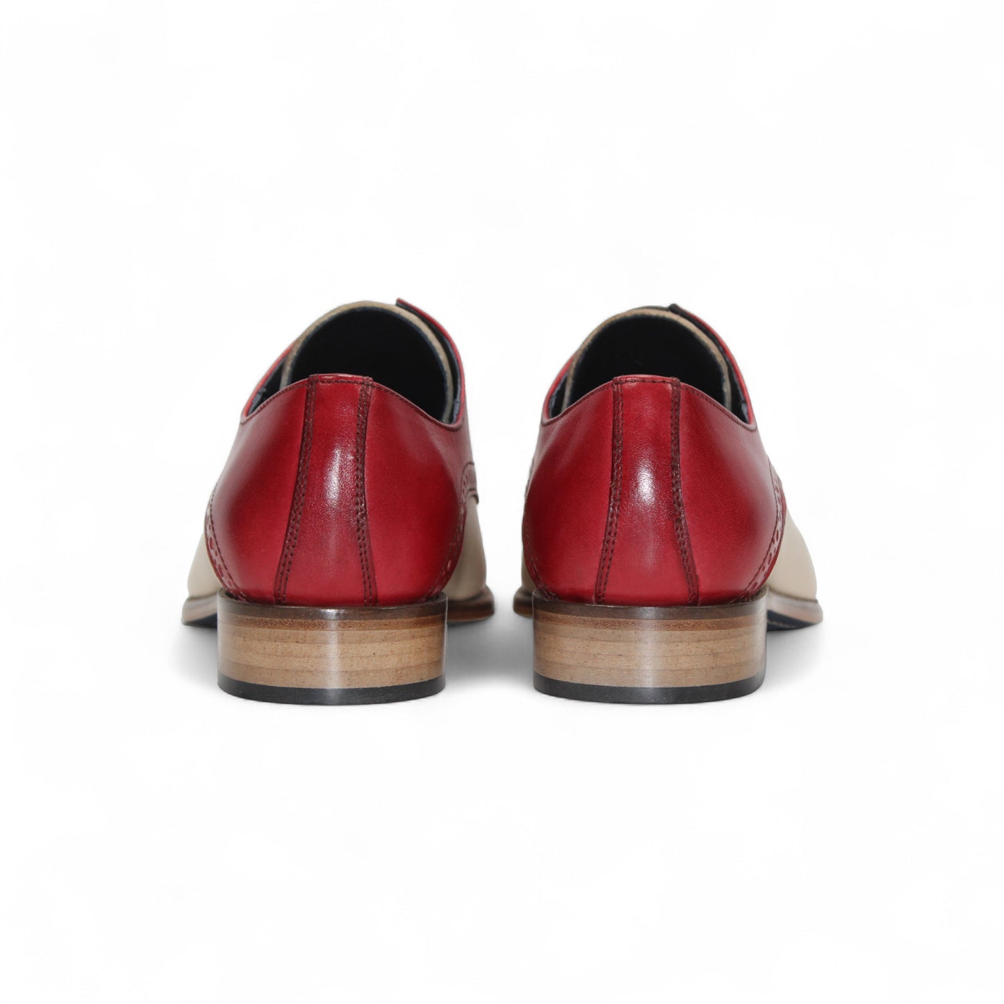 The Duca Di Matiste Lombardi (Red/Beige) is a two-tone oxford by Duca Di Matiste, crafted in Italy from fine leather with a beige body and red accents, brogue detailing, and a low wooden heel.