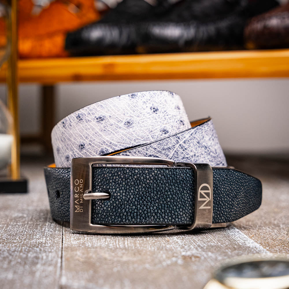 A Marco Di Milano Lucca Belt in Newspaper/Black, crafted with genuine leather and a distinctive texture, is wrapped around another belt to highlight the refined elegance of these luxury accessories.