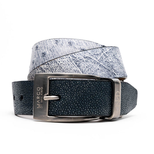 A Marco Di Milano Lucca Belt in Newspaper/Black, crafted with genuine leather and a distinctive texture, is wrapped around another belt to highlight the refined elegance of these luxury accessories.