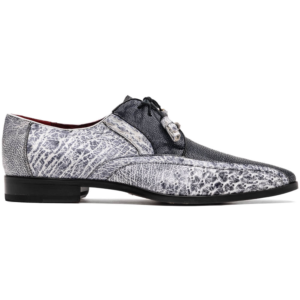 The Lucca Newspaper by Marco Di Milano are luxury men's dress shoes crafted from genuine stingray, featuring a textured gray and black upper, black laces, red inner lining, and brown leather soles with branded detail.