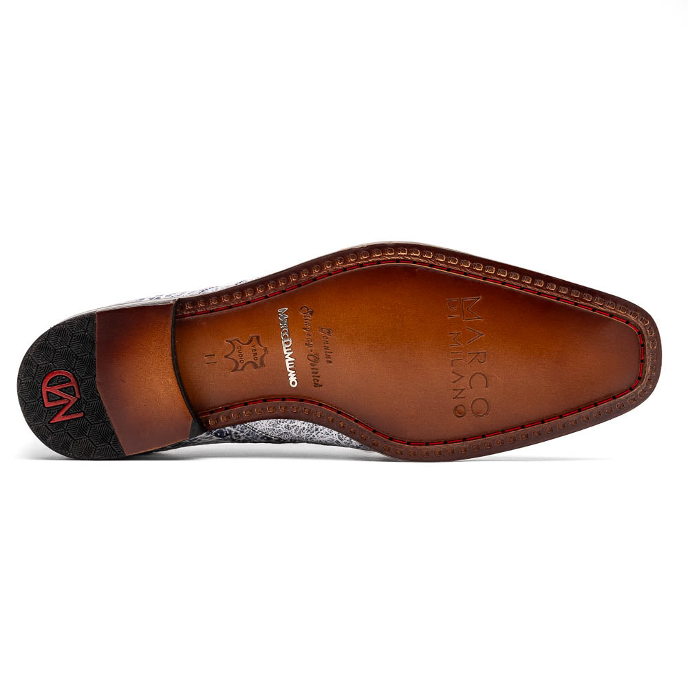 The Lucca Newspaper by Marco Di Milano are luxury men's dress shoes crafted from genuine stingray, featuring a textured gray and black upper, black laces, red inner lining, and brown leather soles with branded detail.