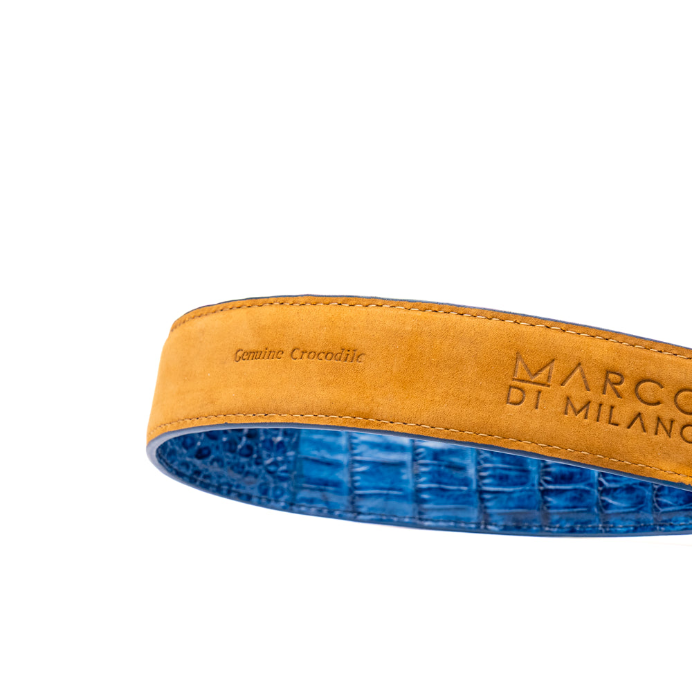 The Luciano Belt in Blue and Brandy by Marco Di Milano—both crafted from genuine caiman leather and adorned with silver buckles—are elegantly coiled together against a white background.