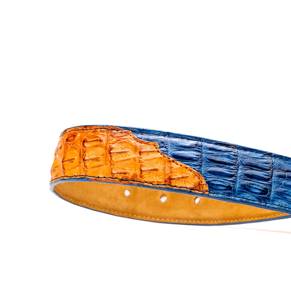 The Luciano Belt in Blue and Brandy by Marco Di Milano—both crafted from genuine caiman leather and adorned with silver buckles—are elegantly coiled together against a white background.