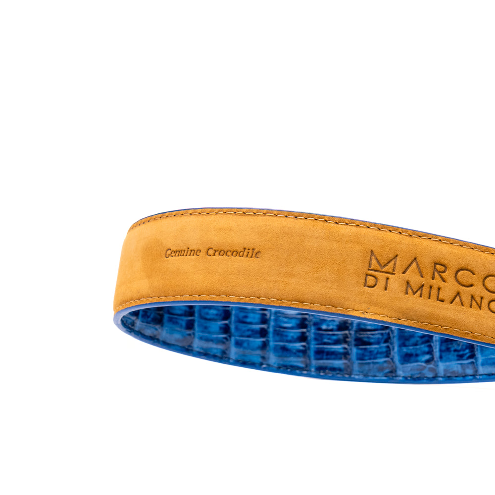 Introducing the Luciano Belt Navy / Brown by Marco Di Milano, a handcrafted luxury belt featuring an exotic crocodile-patterned leather in striking blue and dark brown sections with a refined silver buckle, elegantly coiled on a white background.