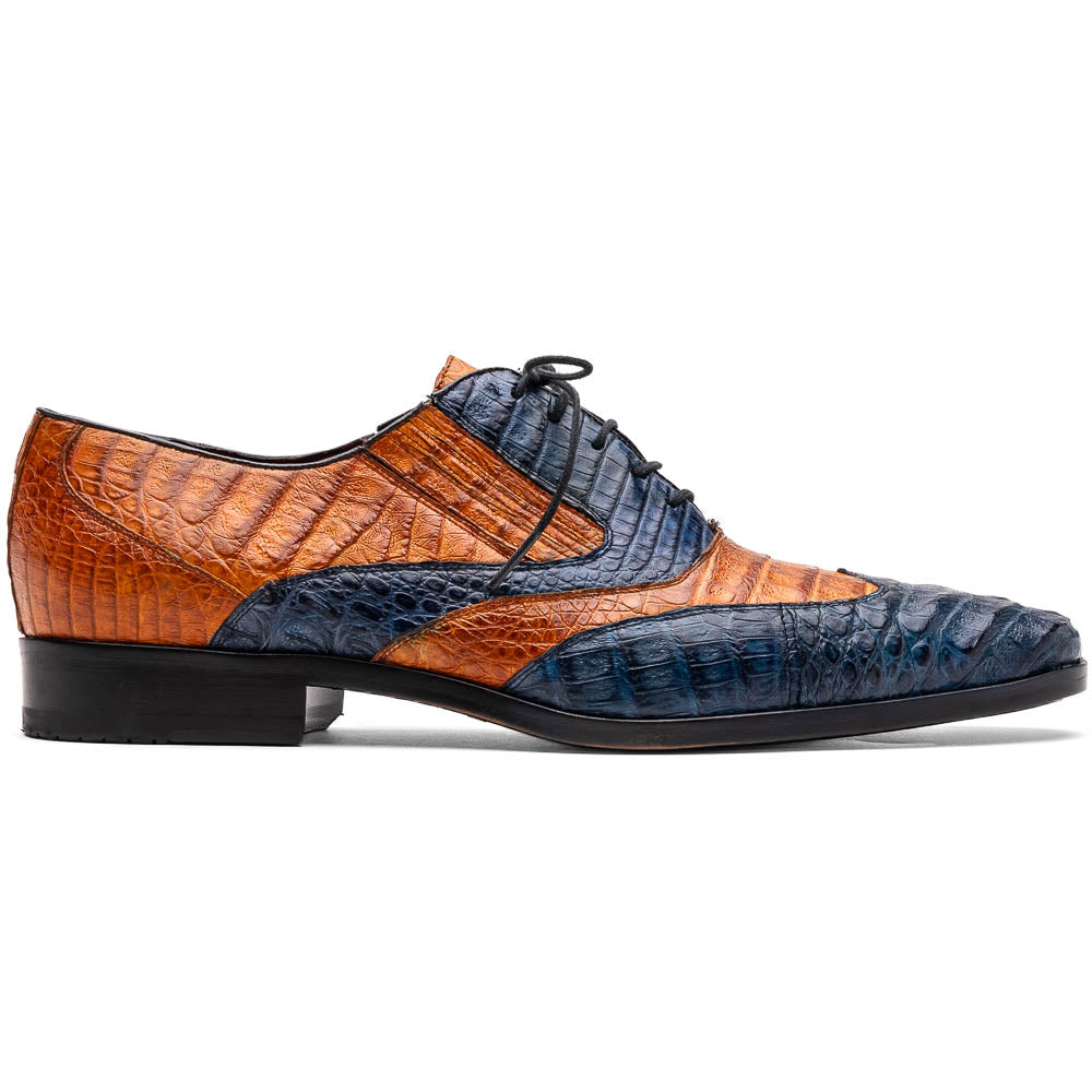 The Marco Di Milano Luciano Blue / Brandy men's dress shoes feature textured leather in orange and navy, with one shoe upright and the other on its side to display the sole.
