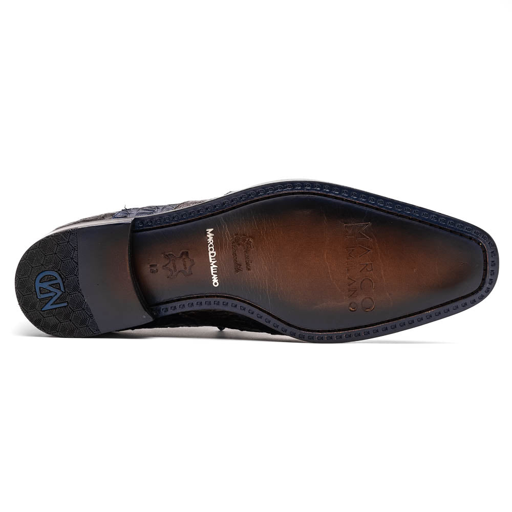 The Luciano Navy / Brown by Marco Di Milano: luxury men's wingtip derby shoes in dark blue and brown genuine caiman, shown upright and on its side to display the branded sole.