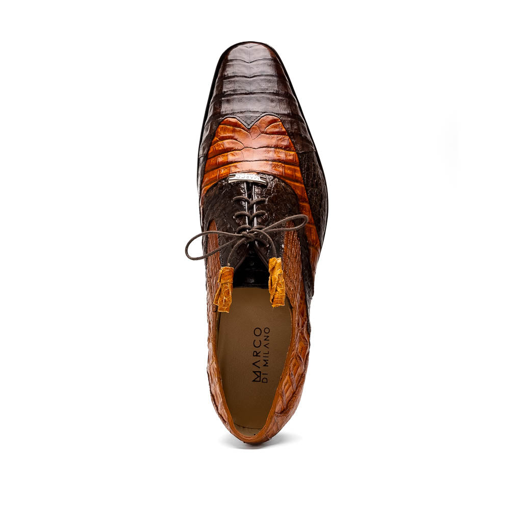 A pair of Marco Di Milano Luciano Brown / Cognac dress shoes with a pointed toe, lace-up closure, and embossed sole branding—ideal for elevating your luxury men's footwear collection.