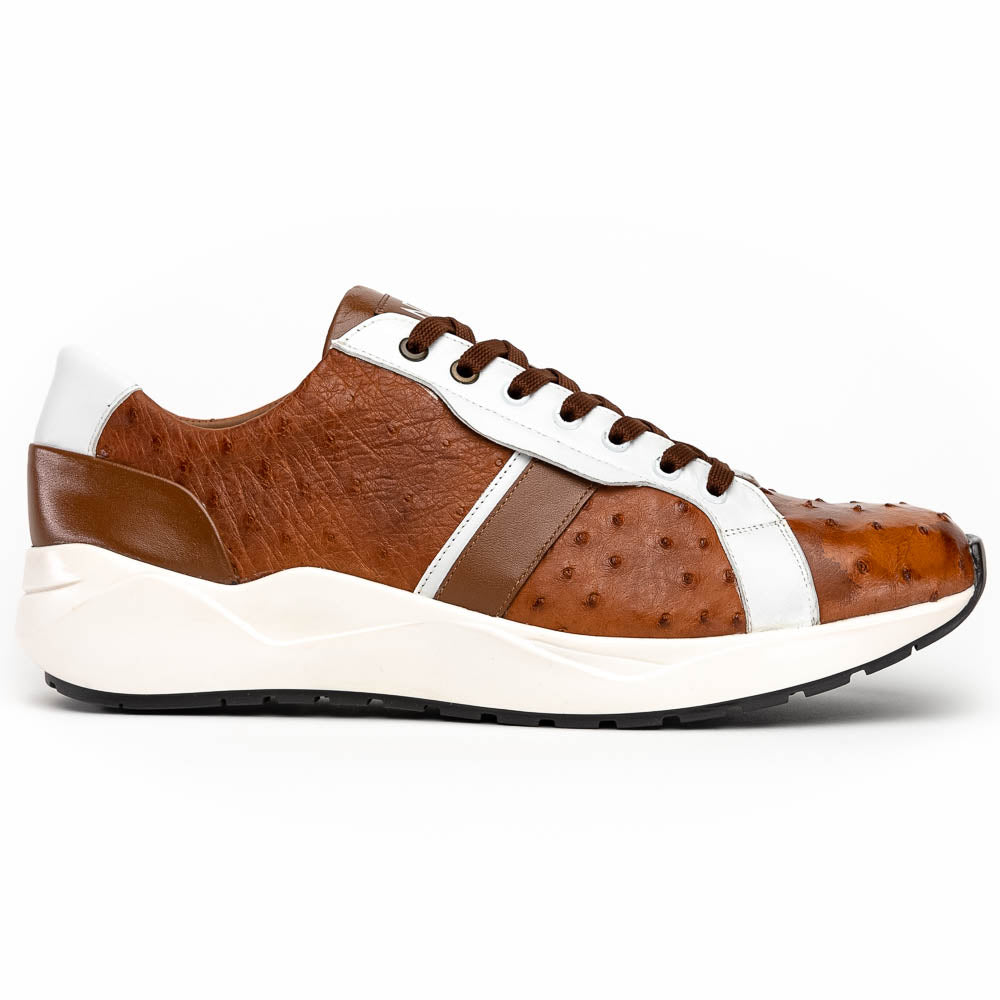 The Lyon II Brandy / White sneakers by Marco Di Milano feature a textured brown and white leather upper, white soles, and brown laces—a true statement in luxury footwear, shown against a plain white background.