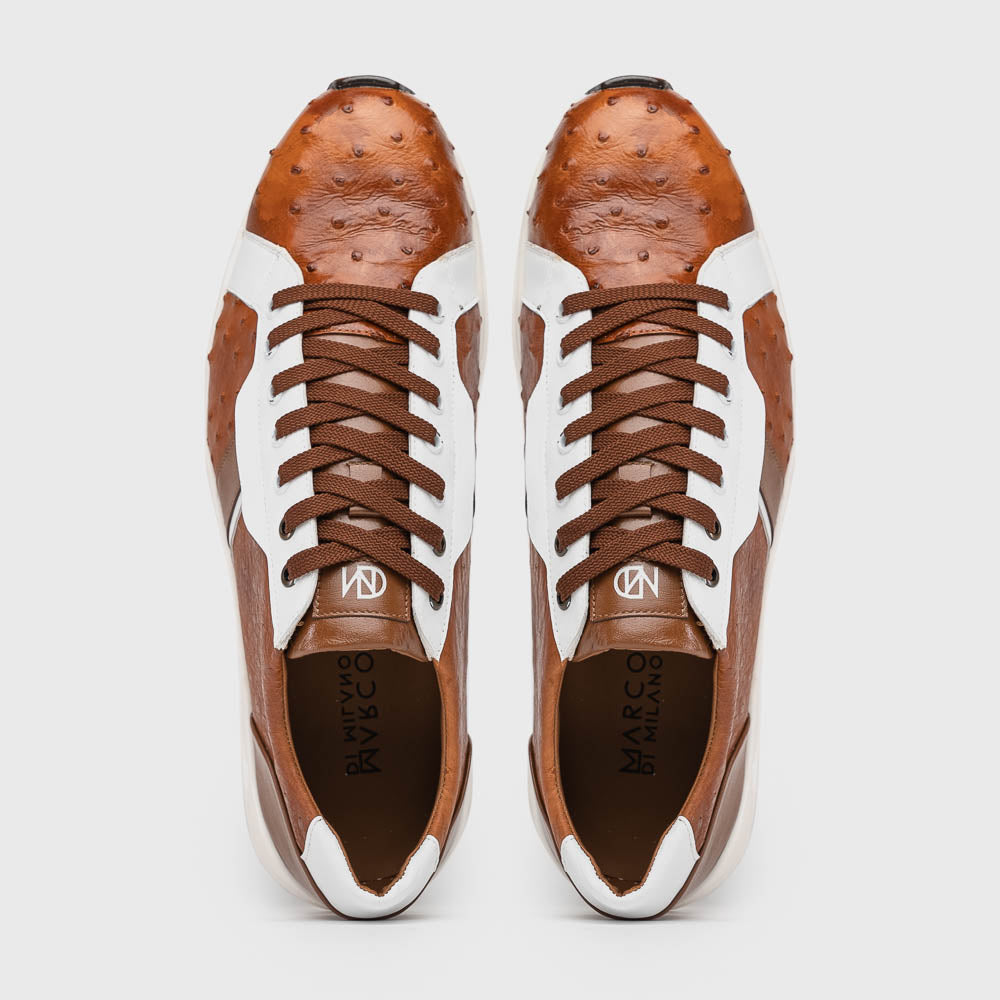 The Lyon II Brandy / White sneakers by Marco Di Milano feature a textured brown and white leather upper, white soles, and brown laces—a true statement in luxury footwear, shown against a plain white background.
