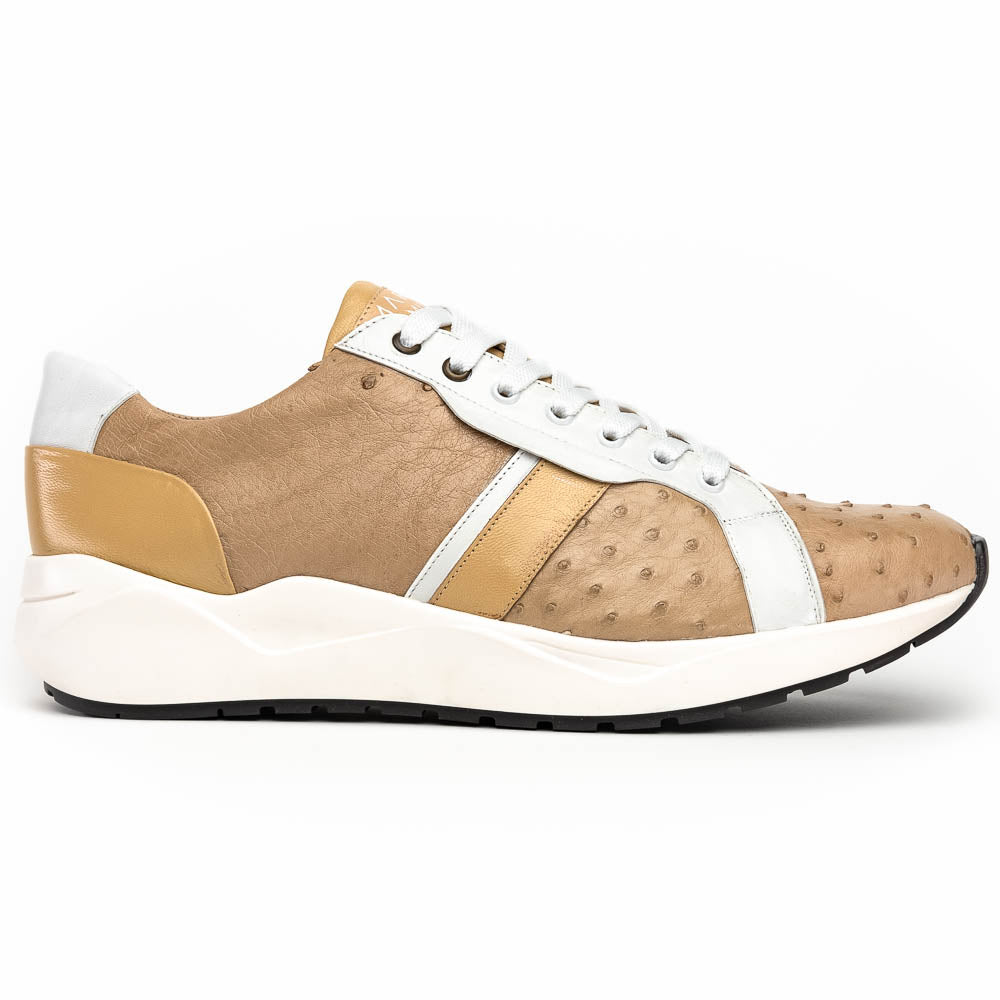 The Marco Di Milano Lyon II Orix / White sneakers feature beige and white ostrich quill-textured uppers and black rubber soles—an ideal choice for those seeking luxury footwear.