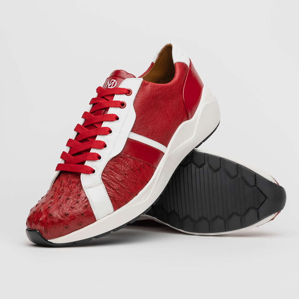 The Marco Di Milano Lyon II Red / White features hand-painted red and white leather, textured uppers, red laces, and white soles, shown on a white background.