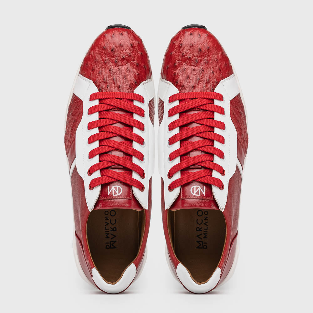 The Marco Di Milano Lyon II Red / White features hand-painted red and white leather, textured uppers, red laces, and white soles, shown on a white background.