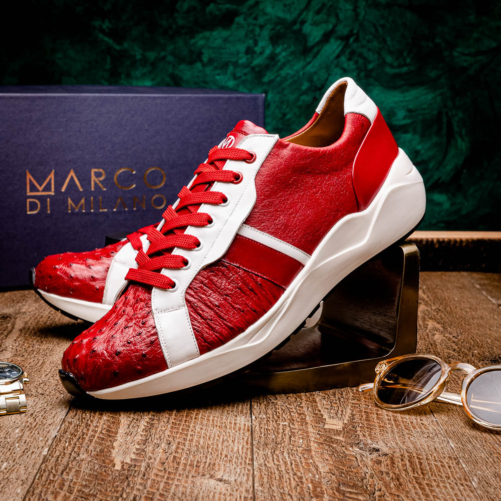 The Marco Di Milano Lyon II Red / White features hand-painted red and white leather, textured uppers, red laces, and white soles, shown on a white background.