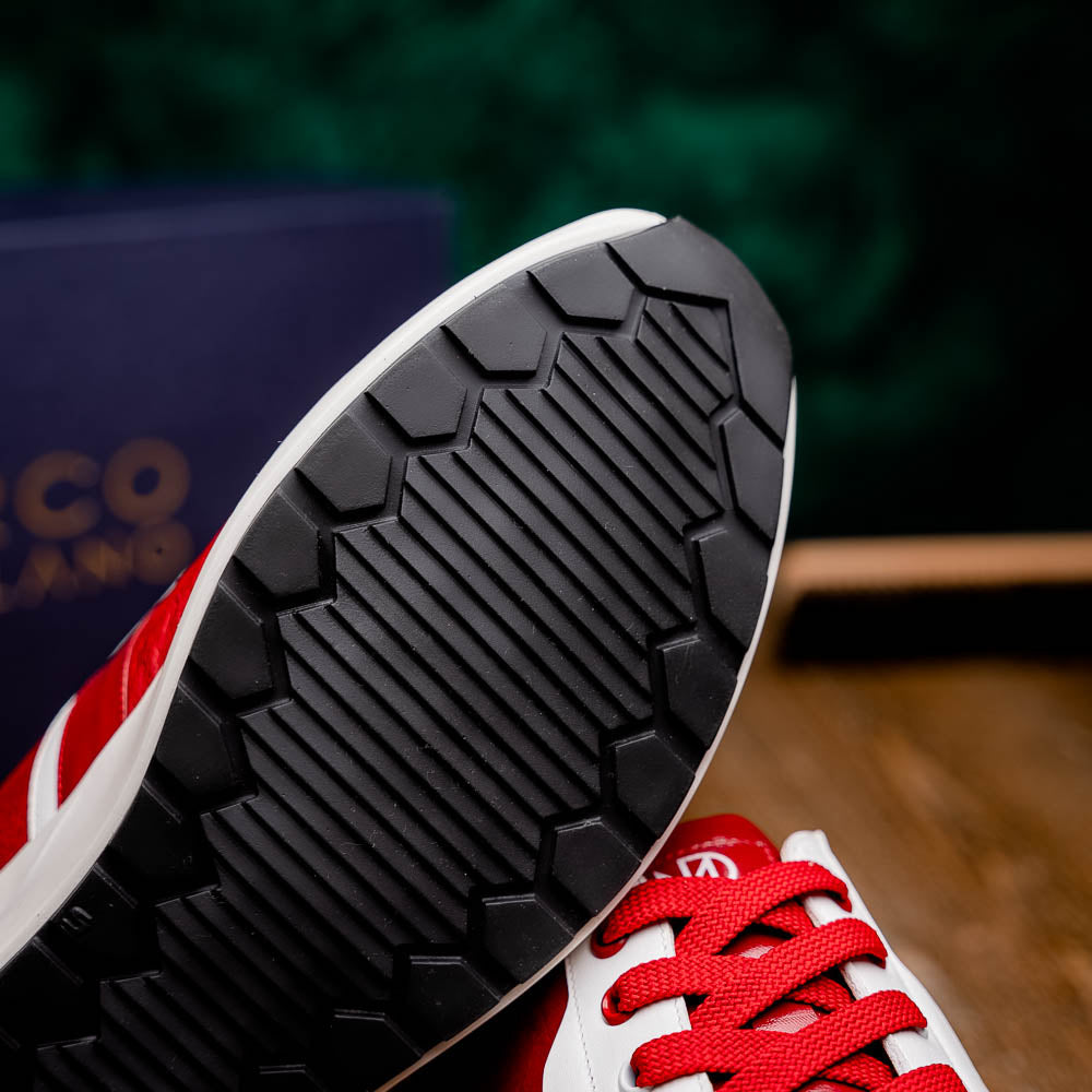 The Marco Di Milano Lyon II Red / White features hand-painted red and white leather, textured uppers, red laces, and white soles, shown on a white background.