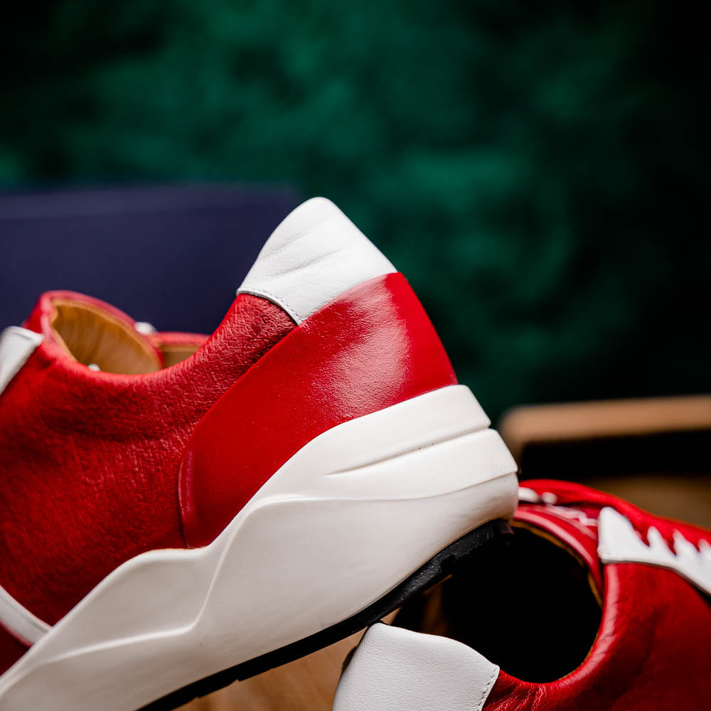The Marco Di Milano Lyon II Red / White features hand-painted red and white leather, textured uppers, red laces, and white soles, shown on a white background.