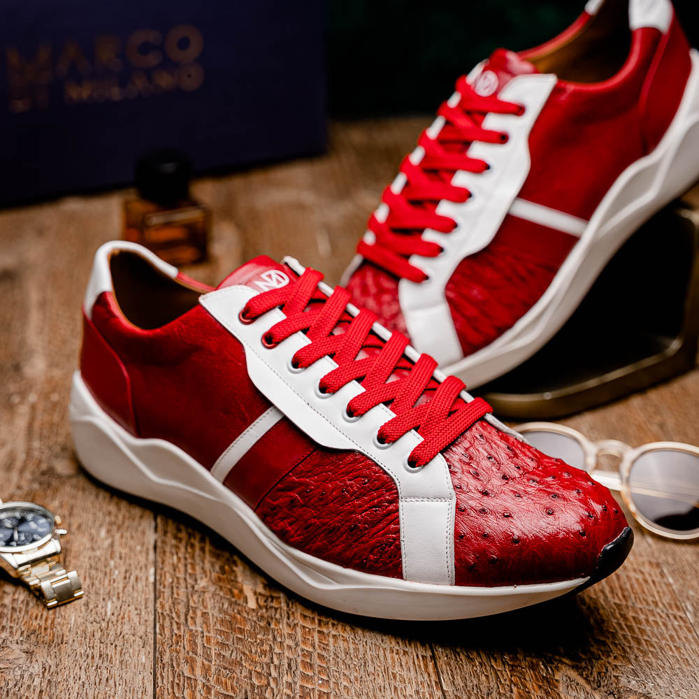 The Marco Di Milano Lyon II Red / White features hand-painted red and white leather, textured uppers, red laces, and white soles, shown on a white background.