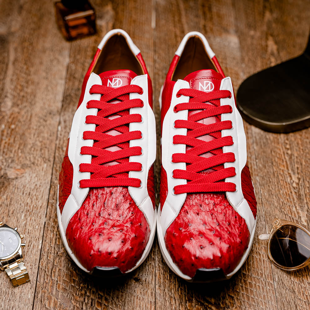 The Marco Di Milano Lyon II Red / White features hand-painted red and white leather, textured uppers, red laces, and white soles, shown on a white background.
