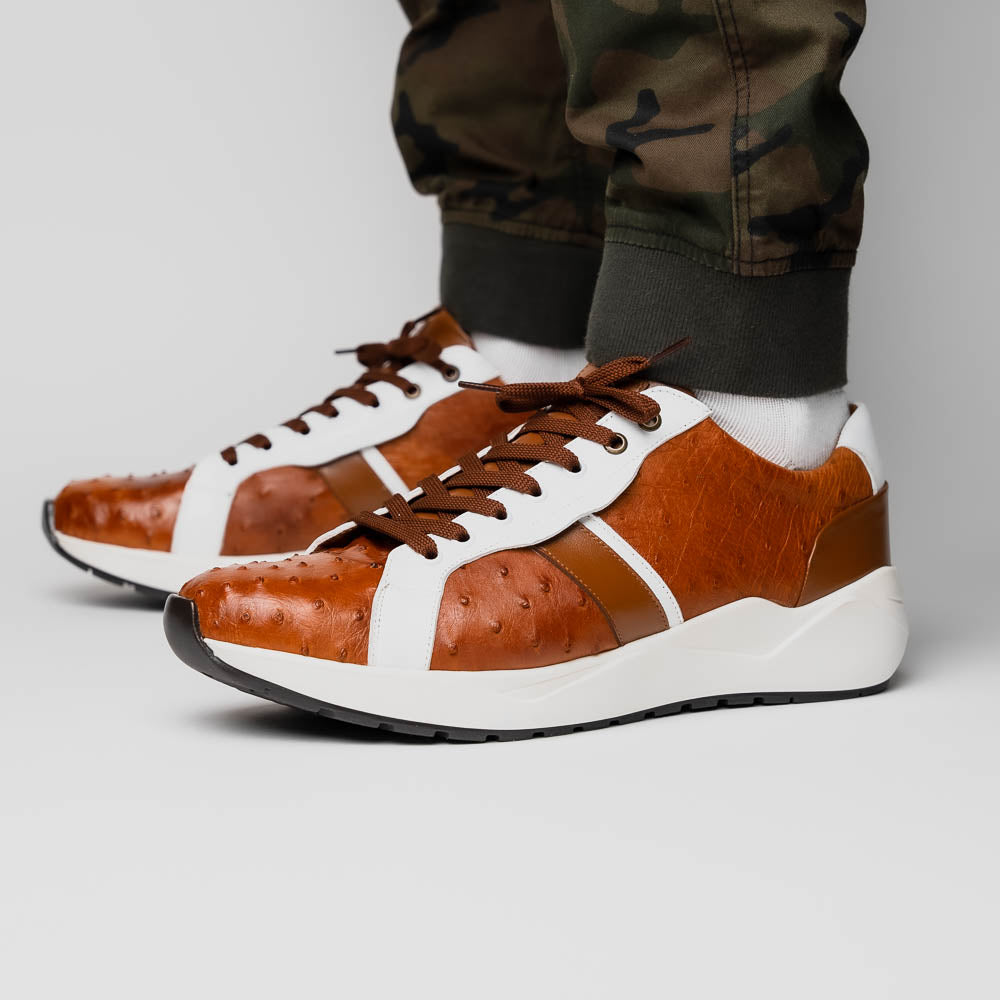 The Lyon II Brandy / White sneakers by Marco Di Milano feature a textured brown and white leather upper, white soles, and brown laces—a true statement in luxury footwear, shown against a plain white background.