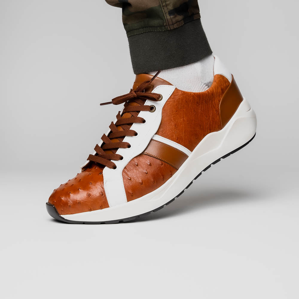 The Lyon II Brandy / White sneakers by Marco Di Milano feature a textured brown and white leather upper, white soles, and brown laces—a true statement in luxury footwear, shown against a plain white background.