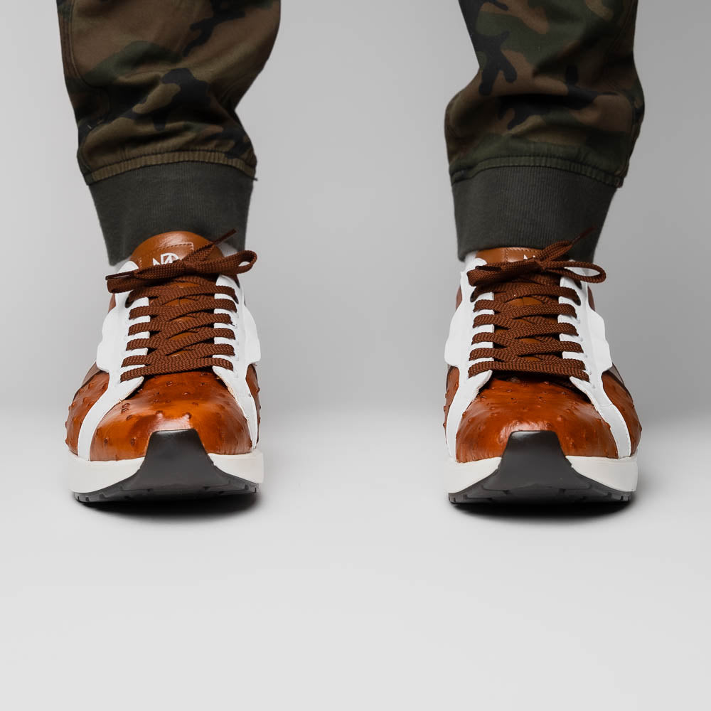 The Lyon II Brandy / White sneakers by Marco Di Milano feature a textured brown and white leather upper, white soles, and brown laces—a true statement in luxury footwear, shown against a plain white background.