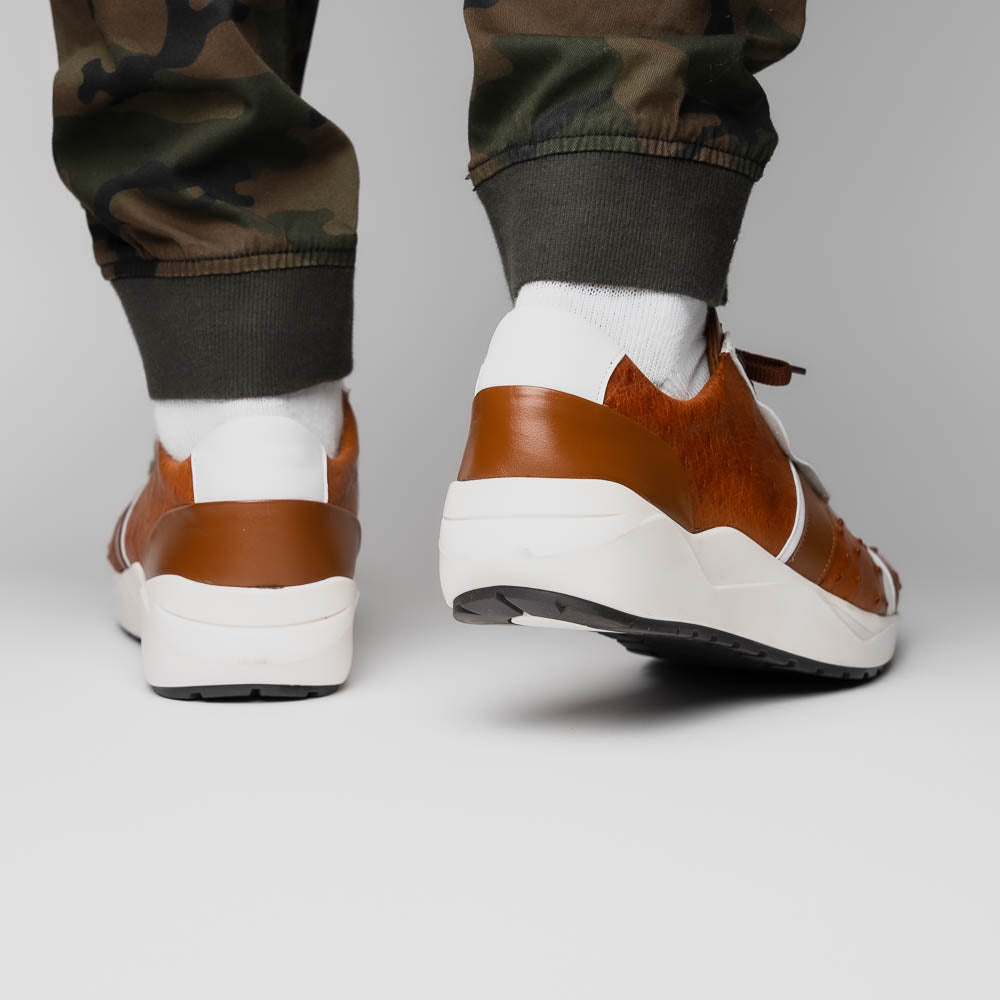 The Lyon II Brandy / White sneakers by Marco Di Milano feature a textured brown and white leather upper, white soles, and brown laces—a true statement in luxury footwear, shown against a plain white background.