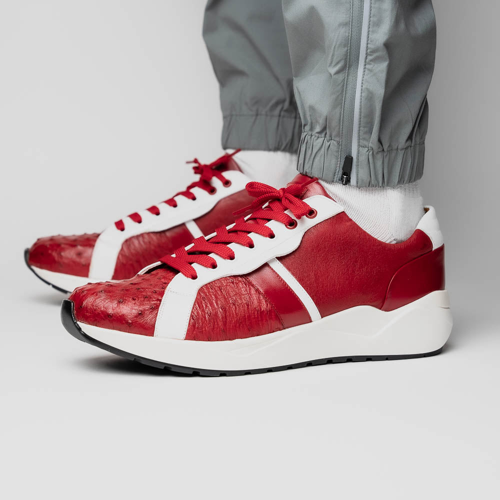 The Marco Di Milano Lyon II Red / White features hand-painted red and white leather, textured uppers, red laces, and white soles, shown on a white background.
