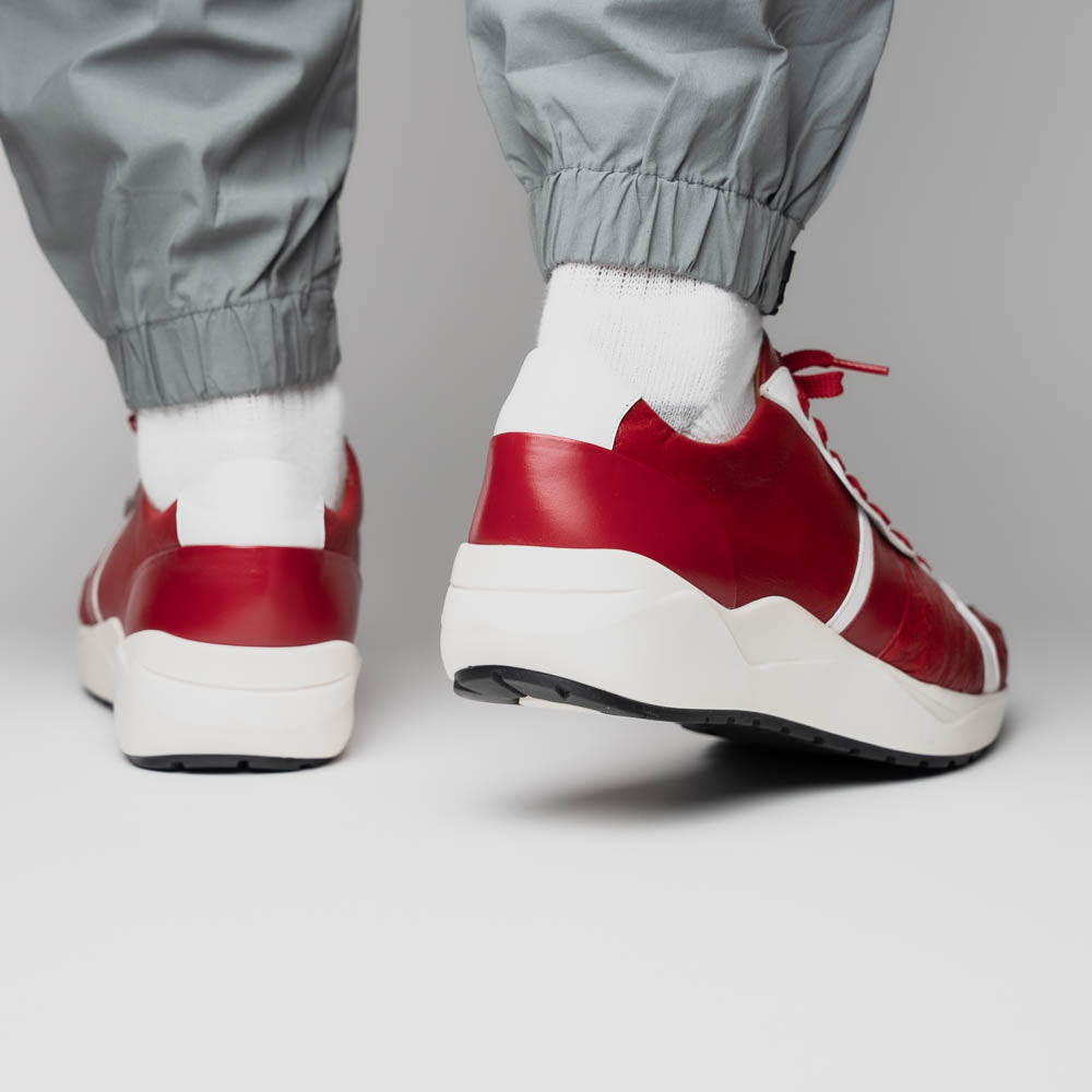 The Marco Di Milano Lyon II Red / White features hand-painted red and white leather, textured uppers, red laces, and white soles, shown on a white background.