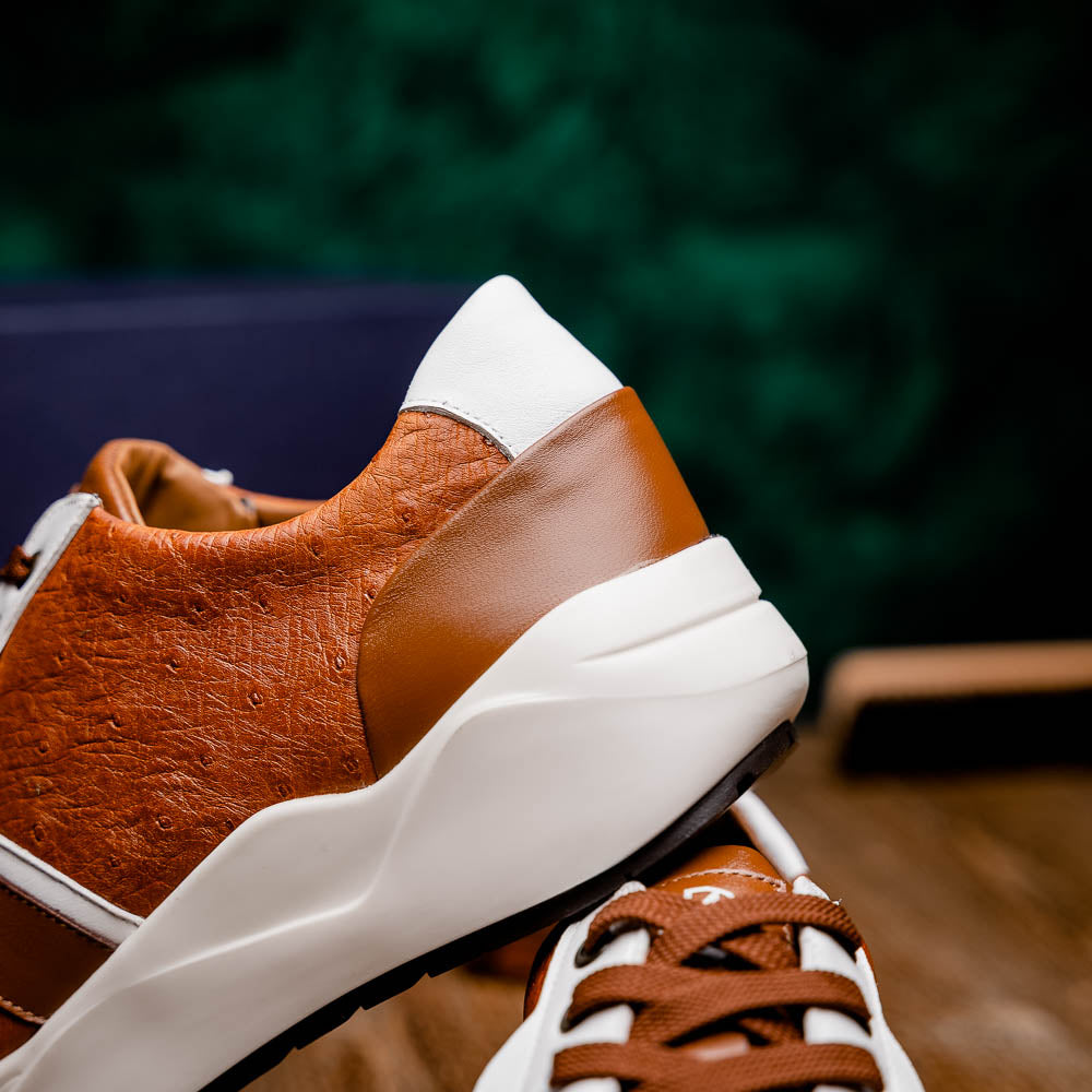 The Lyon II Brandy / White sneakers by Marco Di Milano feature a textured brown and white leather upper, white soles, and brown laces—a true statement in luxury footwear, shown against a plain white background.