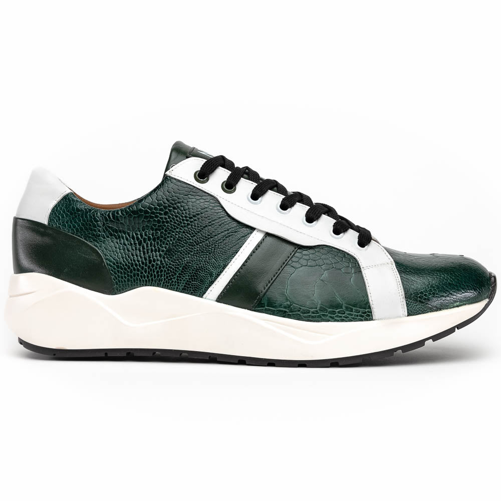 The Marco Di Milano Lyon Green / White sneakers feature green and white genuine ostrich leather with texture, black laces, and white rubber soles—one shoe stands upright while the other leans against it.