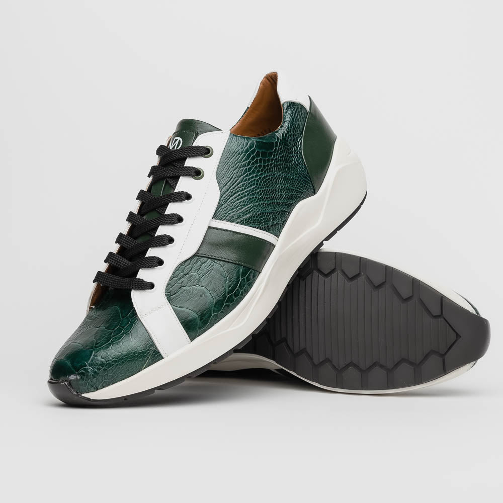 The Marco Di Milano Lyon Green / White sneakers feature green and white genuine ostrich leather with texture, black laces, and white rubber soles—one shoe stands upright while the other leans against it.
