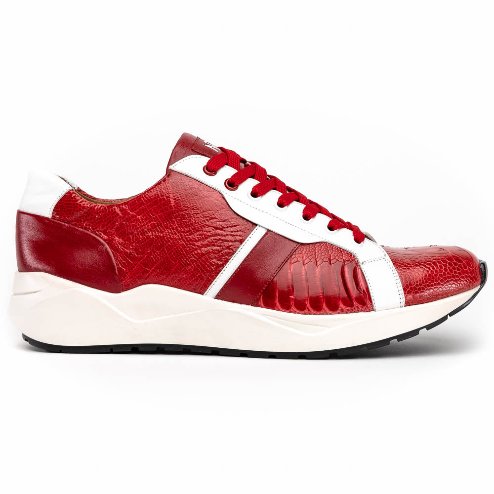 The Marco Di Milano Lyon Red / White are luxury low-top sneakers featuring a hand-painted finish, textured leather, white soles, red laces, and black tread, showcased on a plain white background.
