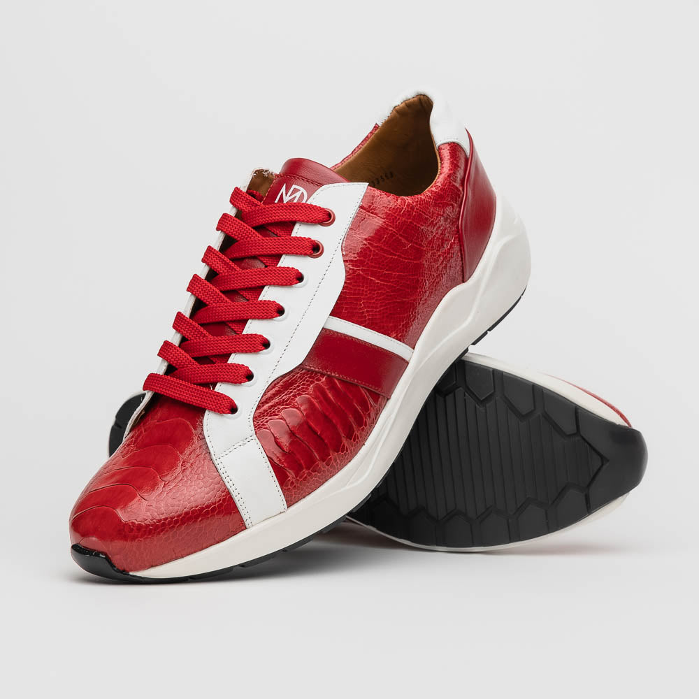 The Marco Di Milano Lyon Red / White are luxury low-top sneakers featuring a hand-painted finish, textured leather, white soles, red laces, and black tread, showcased on a plain white background.