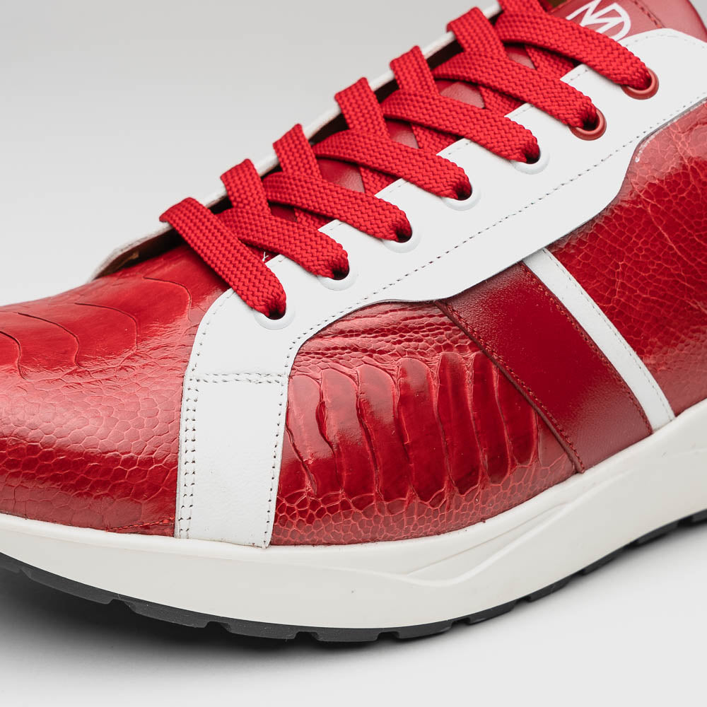 The Marco Di Milano Lyon Red / White are luxury low-top sneakers featuring a hand-painted finish, textured leather, white soles, red laces, and black tread, showcased on a plain white background.