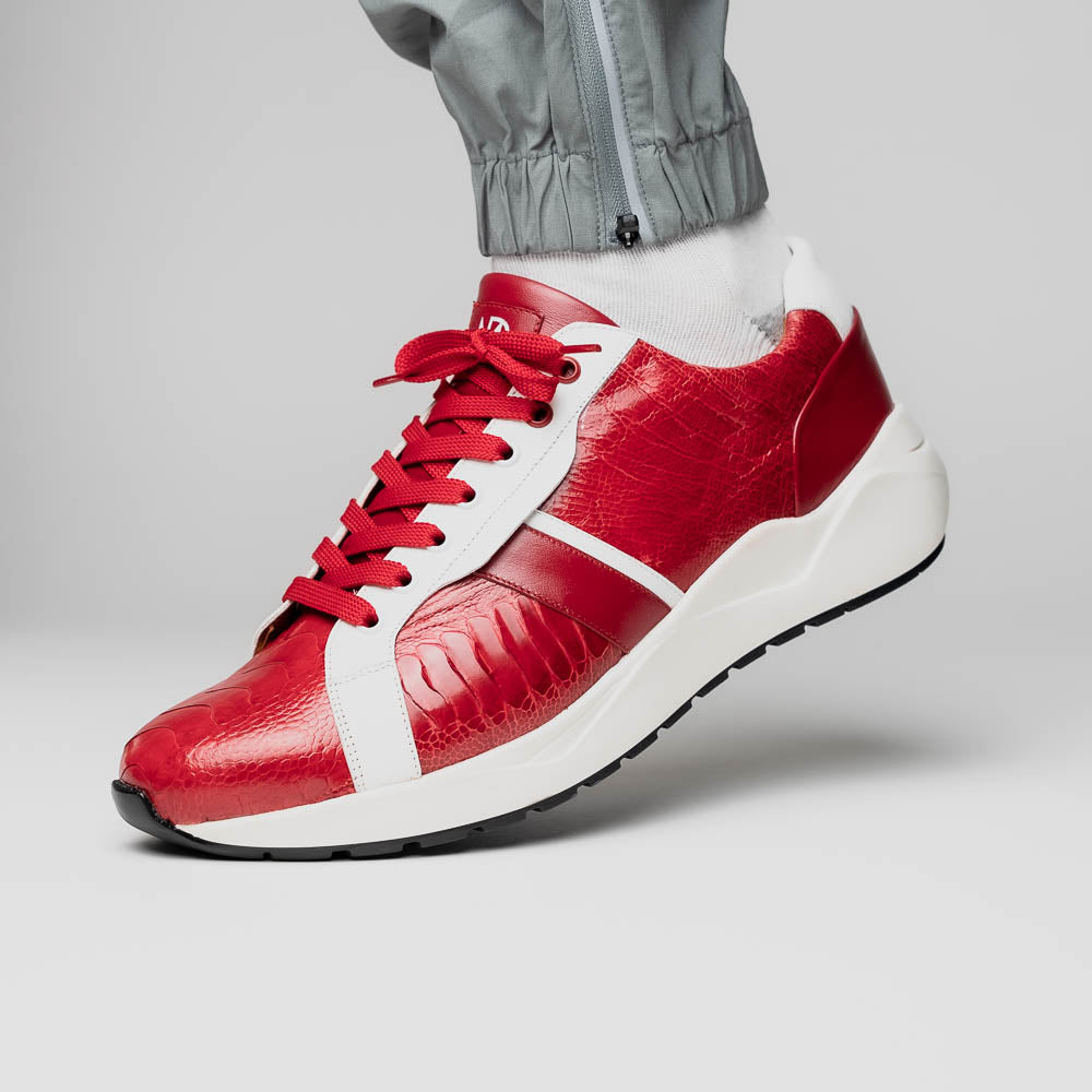 The Marco Di Milano Lyon Red / White are luxury low-top sneakers featuring a hand-painted finish, textured leather, white soles, red laces, and black tread, showcased on a plain white background.