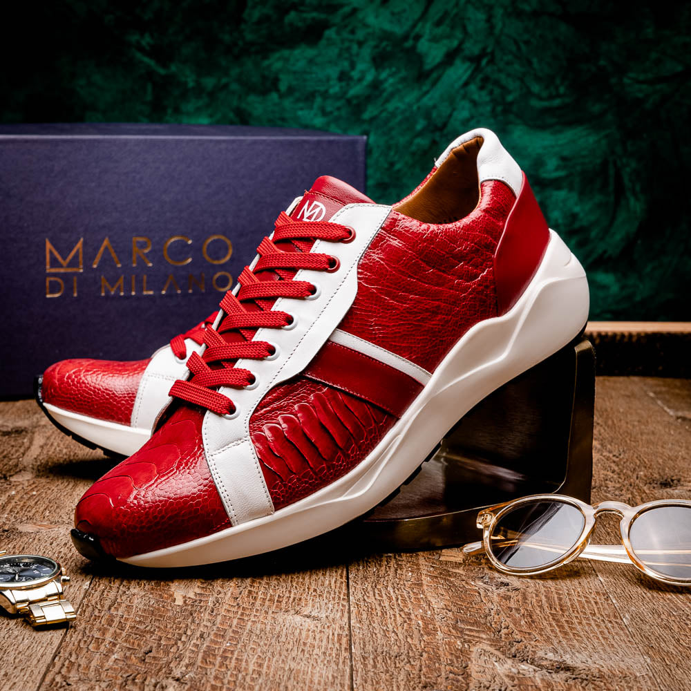 The Marco Di Milano Lyon Red / White are luxury low-top sneakers featuring a hand-painted finish, textured leather, white soles, red laces, and black tread, showcased on a plain white background.