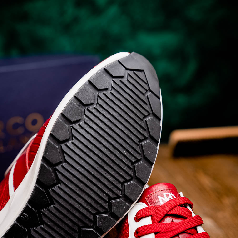 The Marco Di Milano Lyon Red / White are luxury low-top sneakers featuring a hand-painted finish, textured leather, white soles, red laces, and black tread, showcased on a plain white background.